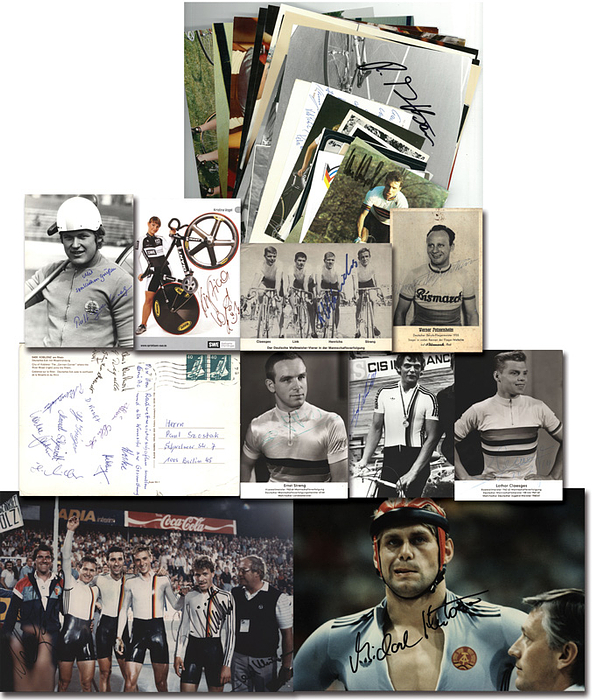 Radsport Deutschland Olympia - WM  | 55 original Signaturen auf 11 großformatigen Farbfotos (29x20 cm), 10 großformatigen S/W-Fotos, 25 Autogrammkarten, 3x Reprofotos und zwei Team Postkarten von deutschen Radsport - Weltmeistern und Olympischen Medaillgewinner aus der Zeit von 1952 bis 2008. 29x20 cm bis 9x6 cm