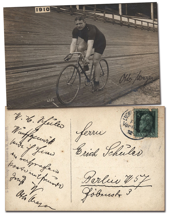 Meyer, Otto  | (1882 - verst.) S/W-Postkarte geschrieben von Otto Meyer (GER) am 6.11.1912. Mit original Signatur in Tinte auf der Vor- und Rückseite. 1911 inoffizieller Weltmeister im Sprint, 1909 + 1911 DM im Sprint, 14x9,5 cm