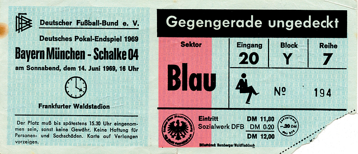 Eintrittskarte P1969  | Deutsches Pokal-Endspiel 1969: Bayern München - Schalke 04 (2:1) am 14.6. in Frankfurt. 17x7,5 cm.