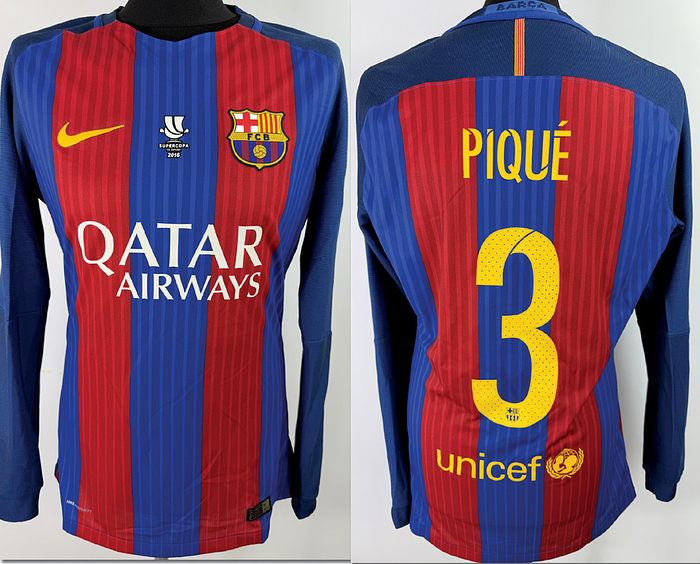match issue football shirt fc barcelona - Original match-issue FC Barcelona player shirt, number 3 (Gerard Piqué). Prepared for the Supercopa final on August 17, 2016, against Sevilla FC (final score 3–0). Condition: ABB. Long-sleeved shirt; size L; club crest and manufacturer logo applied (bonded); chest sponsor, player name, and number applied (rubberized/heat-pressed); Supercopa and Beko logos applied (flocked); 100% polyester; made in Thailand. Condition: A