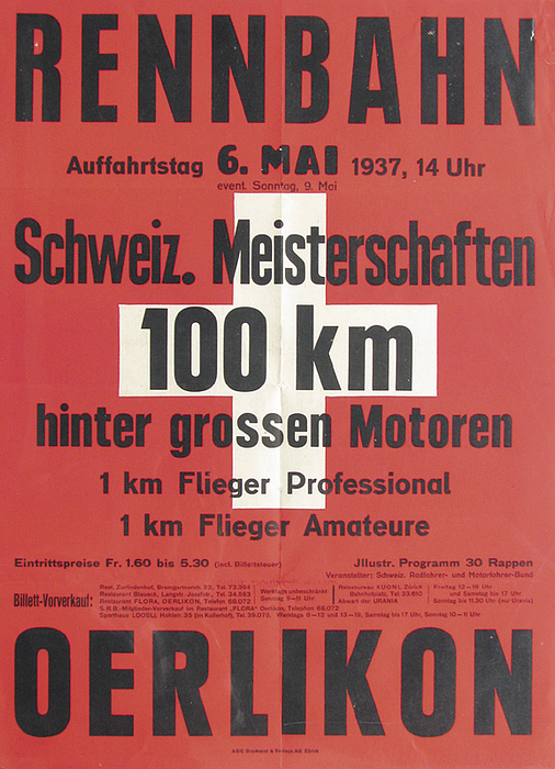 Cycling Poster 1937 Zuerich Switzerland 65x45 cm - Official poster "Schweizerische Meisterschaften 100 Km hinter grossen Motoren. 6.Mai 1937 Rennbahn Oerlikon". Lithograph made by ABC Druckerei Zürich", 65x45 cm. Beautiful original poster from the Swiss Team Cycling Championships. Condition: C+