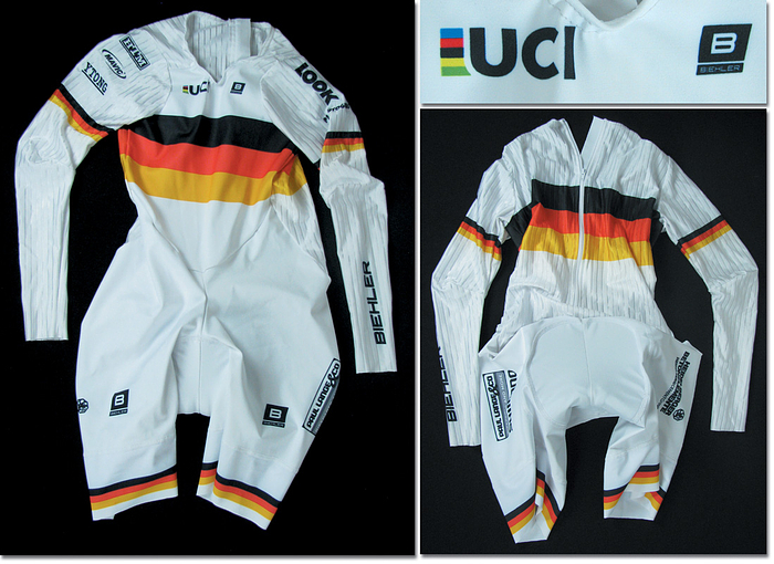 match worn cycling shirt 2013 World Champion - Original match worn cycling shirt of German Champion by 5 times, World Champion and double Olympic gold medallist 2012 and 2016 Kristina Vogel. She wore this race suit in national and international races from 2010 to 2012. Status: ACA. Skin-tight racing suit of brand "Biehler"; size "XS" with the German colours of a German champion and various sponsor prints. With sewn-in saddle padding; with zipper; shirt shows signs of wear. She probably wore this shirt only from 2010-2012, after that she competed wearing the rainbow shirt of the world champion. Shirt comes directly from the collection of Kristina Vogel. Condition: A-