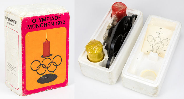 Kerzenständer OS1972  | Schwarzer Metallkerzenständer mit Olympischen Ringen. Aufschrift „München 1972“ in original Verpackung!!  19x14 cm