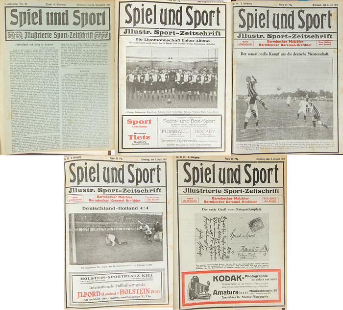 Sorry, no english description is available. ...  - 1138 Seiten mit ca. 600 S/W-Fotos. 31x22 cm. Hamburg, Cordua & Meis 1914 Condition: C.....Absolut seltene Sportzeitung! Zeitung dokumentiert das Spielgeschechen im Fußball der höheren Ligen in Norddeutschland. Erschien 2x wöchentlich es gab ein dünere Ausgabe für 10 Pfenning und eine ausführliche zu 20 Pfenning. Ab Beginn des 1.Weltkrieges im August 1914 erschien diese Zeitung nur noch einmal wöchentlich. Die Kriegsausgaben haben auch keine Fotos.  --Gebunden. Einband gelockert, Rücken lose