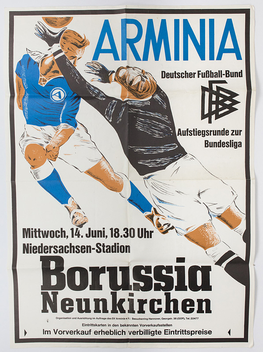 Hannover, Armina - Plakat 1967  | Großes Spielplakat zur Bundesliga Aufstiegsrunde 1966 - 1967 SV Armina Hannover v Borussia Neunkirchen (3:4) am 14.6.1967 in Hannover, 77x57 cm