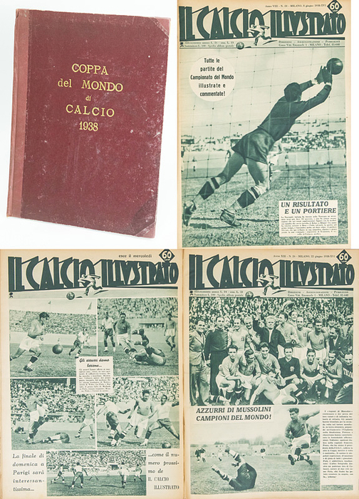  - World Cup 1938. Nos. 23–26, *Il Calcio Illustrato* (1938). All World Cup issues of the famous Italian sports newspaper. 64 pages, 35 x 26 cm, hardcover, approx. 150 black-and-white photos, Milan 1938. --Detailed reports on the 1938 Football World Cup. Includes issue No. 26, featuring a detailed report on the final match between Italy and Hungary (4–2). 13 pages with approximately 45 black-and-white photos. Condition: C