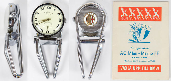Milan,AC - Geldspange 1968  | Geldspange mit Uhr. Ziffernblatt der Uhr mit dem Aufdruck "A.C. Milan Milano". Auf der Rückseite der Uhr aufmontiertes, emailliertes Vereinsemblem des AC Milan. Gedspnage und Uhr vercrohmt. 7x3,3 cm. Persönliches Stück des deutschen FIFA-Schiedsrichter Heinz Siebert (1925-2017) der von 1968 bis 1970 auf der FIFA-Liste stand. Er erhielt dieses Geschenk vom AC Milan anläßlich des Europapokalspiels am 18.9.1968 Malmö FF v AC Milan, das er als Schiedsrichter leitete. Dabei. Programm von diesem Spiel.