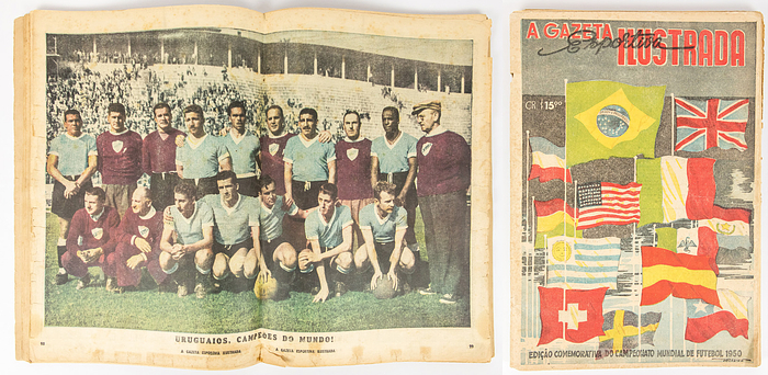 World Cup 1950 Brasilian Report (52x37) + Poster - Portuguese language magazine about the football World Cup 1950 in Brazil. Reports and photos of all matches. Team photos of all teams. Large size multicolour poster (52x37cm) of the World Cup winner Uruguay in centre fold. Three other multicolour photos in addition. Decorative multicolour cover illustration. Printed on newsprint thus slightly yellowed. Extremely rare. This original edition is the icing on the cake of every world cup collection. Extremely rare. Condition: C