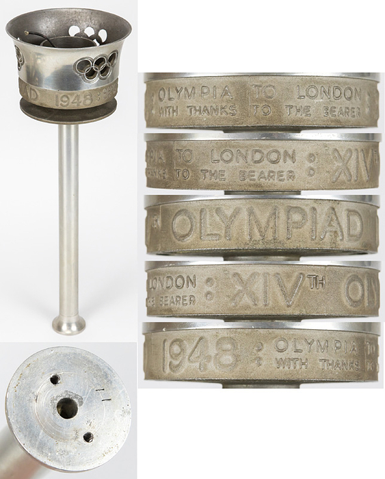 Olympiafackel 1948  | Offizielle Olympiafackel von den 14. Olympischen Sommerspielen 1948 in London aus Aluminium mit Inschrift "XIVth Olympiad 1948. Olympia to London with Thanks to the Bearer", 41 cm. Dabei S/W-Pressefoto von der Entzündung des Olympischen Feuers bei der Eröffnungsfeier der Olympiade 1948 in London 25,5x20,5 cm