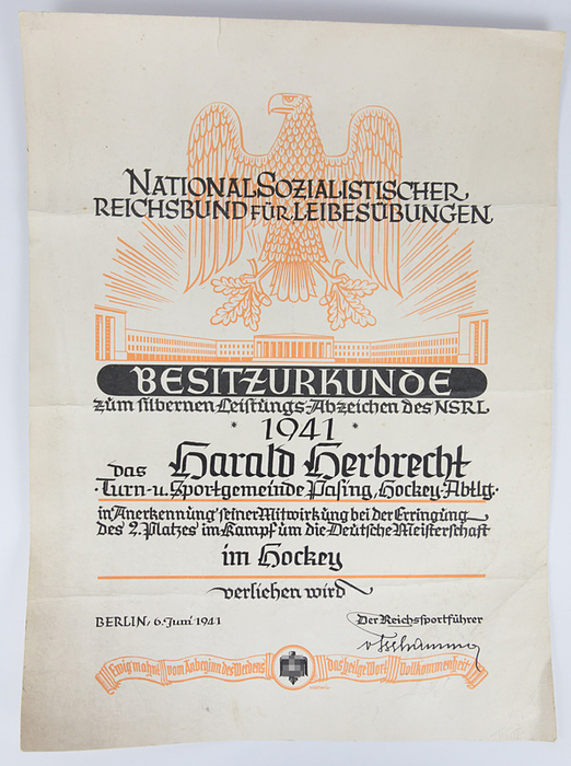  - German field hockey championships 1941: Original 1941 certificate awarded to Harald Herbrecht of TuS Pasing for 2nd place in the 1941 German Hockey Championship. Award certificate for the DRL Silver Proficiency Badge, presented by Reich Sports Leader von Tschammer. Cardstock, 41 x 29 cm. --very rare. Folded Condition: B-