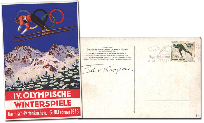 Kaspar, Felix  | (1915-2003) Original Postkarte von den Olympischen Winterspielen 1936 mit Sondermarke und Sonderstempel. Auf der Rückseite Originalsignatur von Felix Kaspar (AUT). Bronzemedaille bei den Olympischen Winterspielen 1936 und Weltmeister 1937 + 1938 im Eiskunstlauf. Unterschrift mit Tinte, 15x10 cm