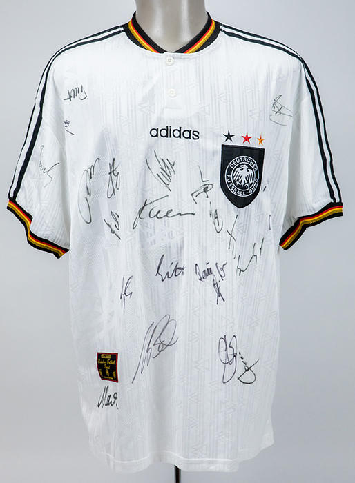  - UEFA Euro 1996 German Fanshirt Autographed: Original fanshop shirt DFB from the Football European Championship in England 1996 with 23 original signatures of German player who won the European Championship 1996. Adidas. Size XXL. --The consignor obtained all the signatures from the players personally!!! Condition: A