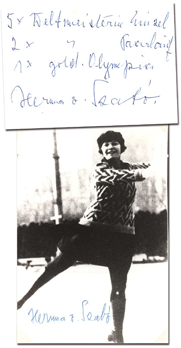 Szabo, Herma von  | (1902-1986) S/W-Reprofoto mit original Signatur von Herma von Szabo. österreichische 7x Eiskunstlauf-Weltmeisterin und Goldmedaillegewinnerin im Eiskunstlaufen bei den Olympischen Spielen 1924. 13,5x9 cm. Dabei ein Blancobeleg mit original Signatur von Szabo und handschriflichen Erfolgen, 10,5x7,5 cm
