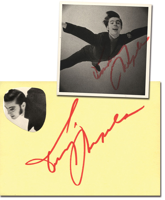 Nepela, Ondrej  | (1951-1989) S/W-Foto mit original Signatur vom Olympiasieger 1972 im Eiskunstlauf Ondrej Nepela (CSR), 9x9 cm. Dabei Karteikarte mit original Signatur von Nepela (14,5x11,5 cm)