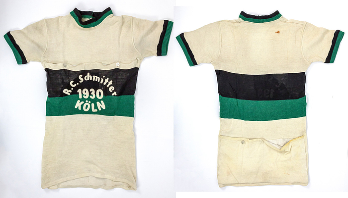 Radsportrikot - 1950  | Original Baumwoll - Strecht Radsporttrikot für Straßenfahrer mit aufgestickten Vereinsnamen "R.C.Schmitter Köln 1930". Größe "2" (entspricht ca. M)