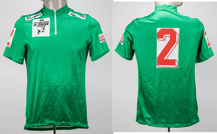 Radsporttrikot - 1991 Doyle  | Original Radsporttrikot (match worn) von Tony Doyle (1958-2023) getragen beim 50.Dortmunder 6-Tage Rennen 1991 mit der Rückennummer "2". Mit Reisverschluss. Hersteller "Gonso". Größe "L".