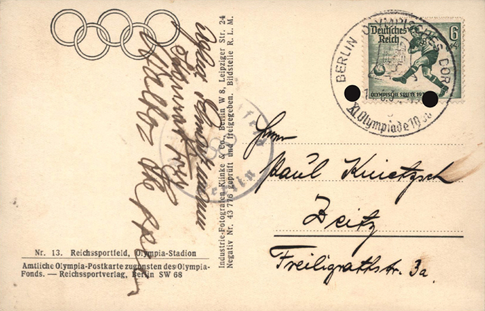 Frey, Konrad  | (1909-1974) Originalautogramm auf vom 3-fachen Goldmedaillengewinner bei den Olympischen Spielen 1936 im Turnen Konrad Frey (GER) auf einer Postkarte aus dem Olympischen Dorf mit Sonderstempel und Sondermarke. Außerdem noch zwei weitere Signaturen von deutschen Medaillengewinnern im Turnen Alfred Schwarzmann (3x Gold, 2x Bronze, 1952 1x Siber) und Walter Steffens (1908-2006; 1x Gold), 14x9 cm.