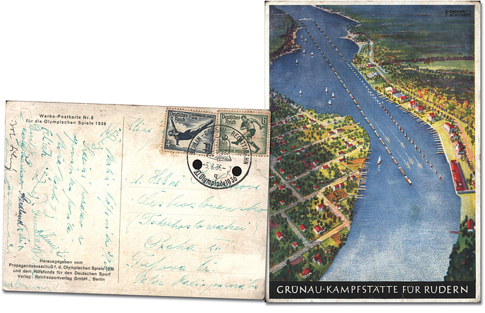 Olmpia 1936 Kanu CSR  | Original Postkarte der tschechischen Kanu - Mannschaft von den Olympischen Spielen Berlin 1936 mit Sondermarke und Sonderstempel. Mit 13 original Signaturen der tschechischen Kanuten. Dabei: Zdenek Škrland (1914-1996; Gold 10.000 m C2); Jan Brzák-Felix (1912-1988, Gold 1000 m, 1948 Gold, 1952 Silber) u.a. 14x9 cm