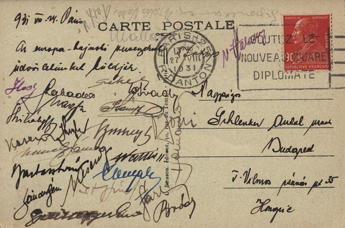 Ungarn Wasserball OSS1932  | Original Postkarte von der ungarischen Wasserball - Mannschaft von den Europameisterschaften 1931 mit 21 original Signaturen der Spieler. Diese Mannschaft gewann bei den Olympischen Spiele Los Angeles 1932 die Goldmedaille im  Wasserball: István Barta (1895-1948; Silber 1928), György Bródy (1908-1967; Gold 1936), Sándor Ivády (1903-1998; Silber 1928); , Olivér Halassy (1909-1946; Silber 1928, Gold 1936); Márton Homonnai (1906-1969; Gold 1936, Silber 1928); Alajos Keseru (1905-1965; Silber 1928),  János Németh (1906-1988; Gold 1936),  József Vértesy (1901-1983, Silber 1928). 14x9,5 cm