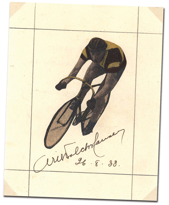 Falck-Hansen, Willy  | (1906-1978) Originalautogramm auf datiertem Blancobeleg (26.8.1938) von Willy Falck-Hansen (DEN). Olympiasieger 1928 im Radsport. Mit aufmontiertem Magazinfoto,  12x9,5 cm.