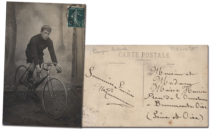 Zimmermann, Arthur August  | (1869-1936) S/W-Postkarte mit Zimmermann und original Widmung von Arthur Zimmermann (USA). Erster Weltmeister im Sprint 1893 in Chicago bei der ersten offiziellen Bahn-Rad-Weltmeisterschaft. US-Meister, zahlreiche Siege in Europa und hat in seiner Karrie über 1.000 Siege errungen!. 13,8x9 cm