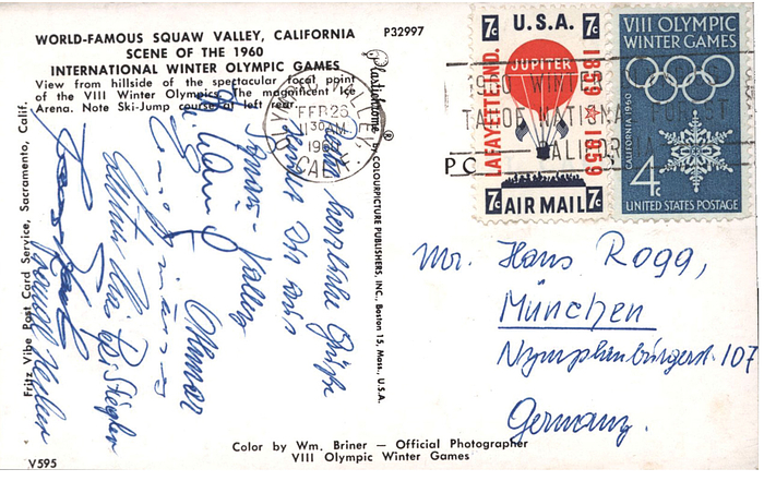 Staub, Roger  | (1936-1974) Postkarte von den Olympischen Spielen Squaw Valley 1960 mit original Signatur von Roger Staub (SUI) Goldmedaille im Riesenslalom. Insgesamt 7 original Signaturen von deutschsprachigen Teilnehmern im Ski Alpin, dabei die österreichischen Medaillengewinner von 1960 Pepi Stiegler, Josef Leitner, Traudl Hecher und Ernst Hinterseer, 14x9 cm