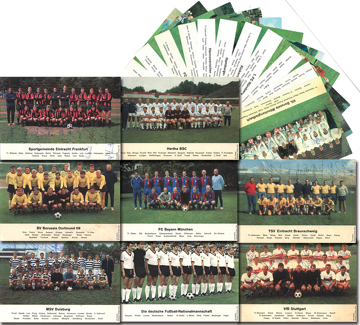 Sammelbilder-Bergmann 68  | 19 farbige Mannschaftsgroßbildkarten 1968/69 von Bergmann (komplette Serie), Karton je 21x14,5 cm. 13 Karten mit 135 original Signaturen der Spieler (HSV, Offenbach, 1.FCN, 1860, Werder, Frankfurt, Stuttgart, Gladbach, Braunschweig, MSV, Hertha, 1.FC Kaisersl., BVB)