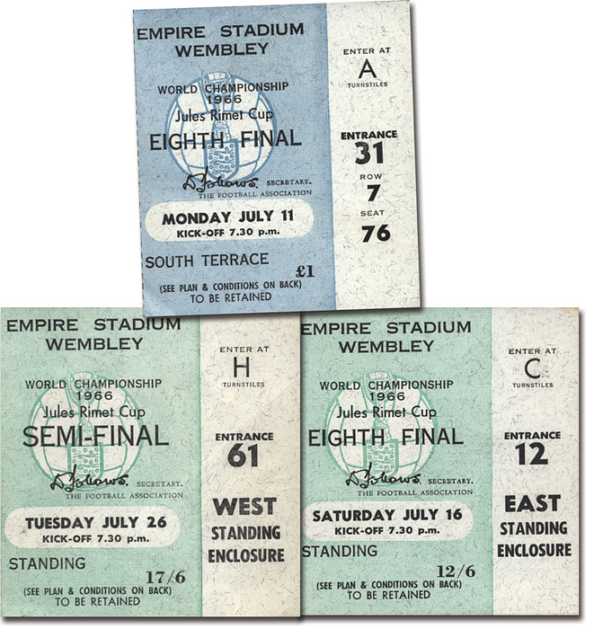 Eintrittskarte WM1966  | 3 Eintrittskarten Von Spielen von England bei der Fußball - Weltmeisterschaft 1966: 1)  26.7. v Portugal. 2) 16.7. v Mexiko. 3) 11.7. v Uruguay. Je 8,5x8 cm