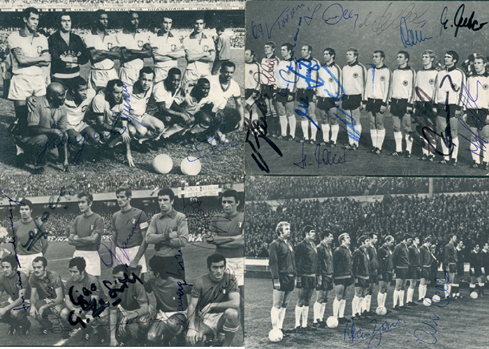 Sammelbilder-Bergmann 70  | 4 S/W-Mannschaftspostkarten "Mexico 70" von Bergmann, je 14,5x10,5 cm. Mit original Signaturen: Brasilien (3 Sig,); Italien (10 Signaturen), England (2 Sig.) Deutschland (14 Signa.).
