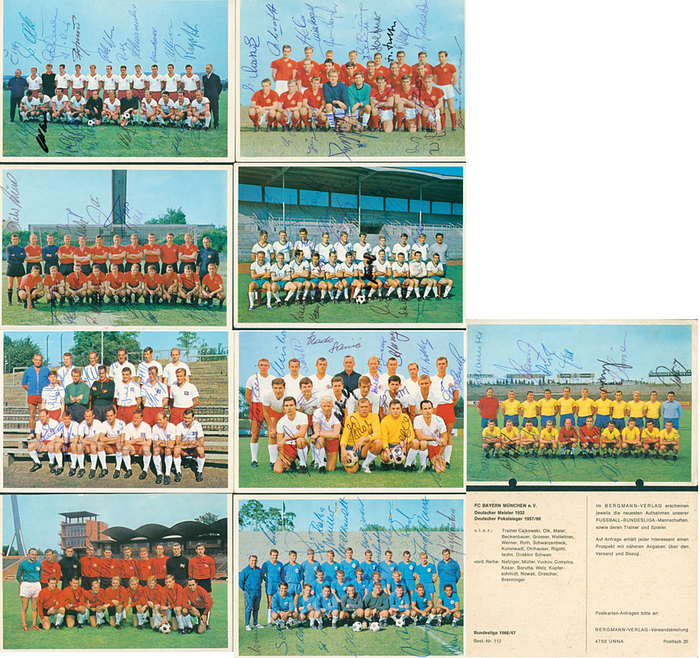 Sammelbilder-Bergmann 66  | 9 farbige Mannschaftspostkarten Bergamnn 1966/67 alle mit der gleichen Best.- Nummer „112“. Karten mit ca. 140 original Signaturen der Spieler, Karton, je 15x10 cm
