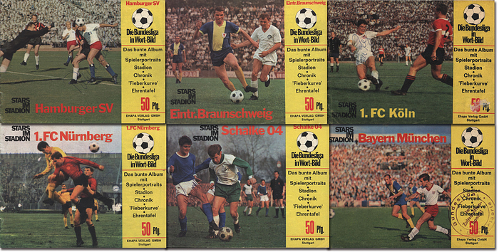 Sorry, no english description is available. ...  - insgesamt 100 Seiten, 17x13 cm, Broschur, Farbfotos, Ehapa-Verlag, Stuttgart 1966. Condition: C.....Seltene kleine Vereinsheftchen „Die Bundesliga in Wort + Bild“ mit farbigen Spielerporträts und Mannschaftsfoto. Jedes Heft behandelt ausschließlich eine Bundesligamannschaft. Vorhanden: 1.FC Nürnberg (34 Signaturen), Bayern München (7 Sig.); 1.FC Kaiserslautern (23 Sig); Schalke 04 (24 Signaturen); Eintracht Braunschweig (19 Sig.); Hamburger SV (14 Sig.); 1.FC Köln (15 Sig.). --Zahlreiche Unterschriften in den Heften doppelt vorhanden