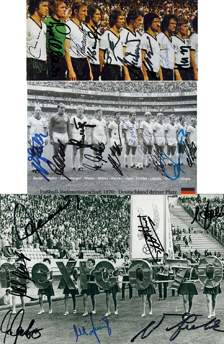  - World Cup 1970: Small autograph collection relating to the German national team at the 1970 World Cup, featuring 40 original player signatures on press photos, photographic reproductions, and a postcard; sizes ranging from 24 x 16.5 cm to 13.5 x 9 cm. Condition: A-C