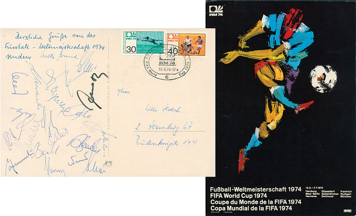 Weltmeister 1974  | Farb-Großpostkarte mit offiziellem Plakatmotiv der Fußball - Weltmeisterschaft 1974. Mit 18 Signaturen der deutschen Weltmeister von 1974. 21x14,5cm.