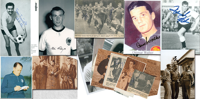 Weltmeister 1954  | 16 Autogrammbelege Deutschland Fußball - Weltmeister 1954 mit 19 original Signaturen der Spieler, 17x12,5 bis 6x6 cm