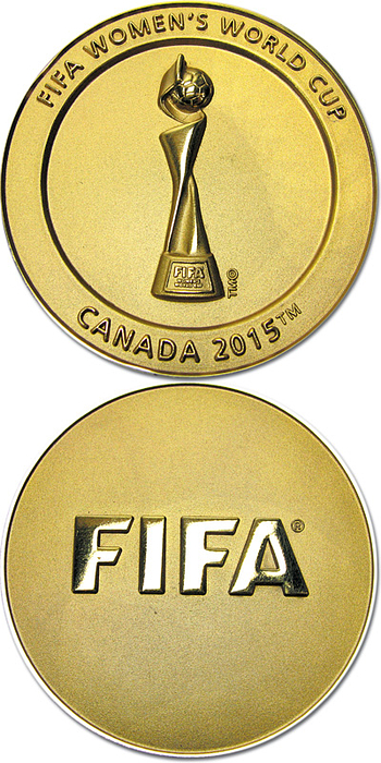Teilnehmermedaille WM2015  | „FIFA Women´s World Cup 2015 Canada“, offizielle Teilnehmermedaille für Betreuer, Funktionäre und Spielerinnen der Frauen Fußball-Weltmeisterschaft 2015 in Kanada. Bronze, vergoldet. 5 cm. Im Originaletui.