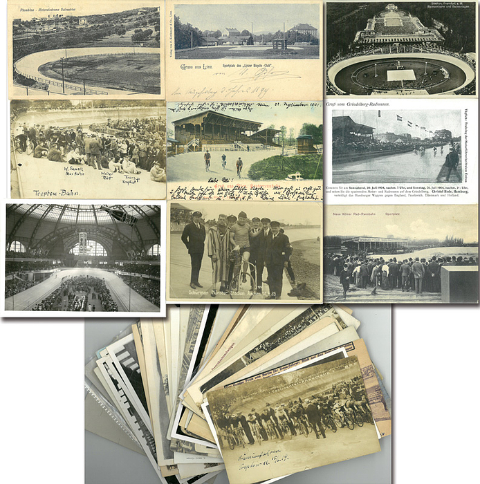 Postkartensammlung Radsportstadien 1900-1960  | 67 verschiedene Postkarten von Radsportstadien bzw- -bahnen aus der ganzen Welt des Zeitraumes 1900-1960.