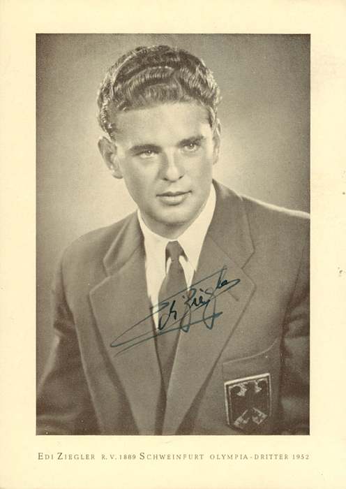 (1930–2020) Original signature on a black-and-white autograph card from Edi Ziegler (GER), bronze medalist in the road cycling race at the 1952 Olympic Games. 14.5 x 10.5 cm. ARCHIVE. Condition: A-B