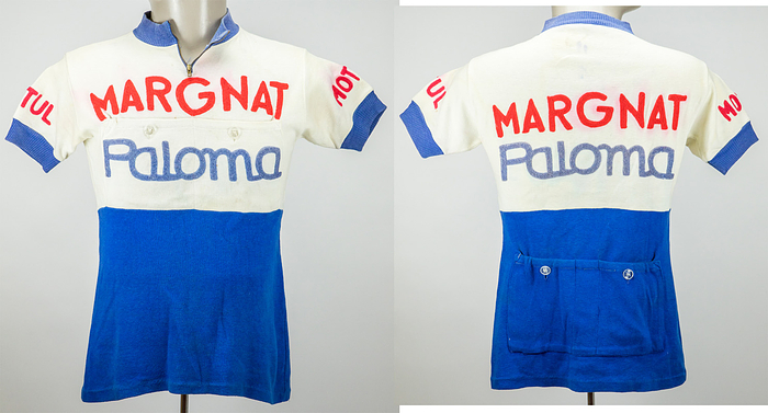 Radsporttrikot - 1964 Bahamontes  | ORIGINAL Radsport Trikot von Federico Bahamontes (1928-2023) ca. 1964. Tour de France Sieger 1959, 6x Bergwertung TdF. Baumwolltrikot Hersteller: "Patron". Mit aufgesticktem Werbeschriftzug: "Margnat Paloma" (vorne, hinten und auf den Ärmeln). Aufgenähte Verpflegungstaschen vorne und hinten jeweils mit Knöpfen.