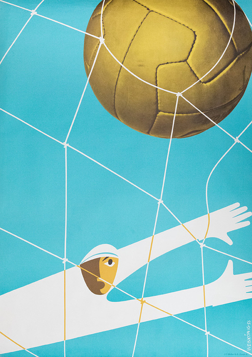 Plakat WM 1954  | Original Plakat der Fußball-Weltmeisterschaft 1954 nach dem ersten Entwurf von Werner Weiskönig (1907-1982) aus dem Jahre 1953. Signatur "Weiskönig 56" (Plakat wurde 1953 entworfen) Gedruckt: J.C.Müller -Zürich". Mischtechnik: Lithografie / Offset. 125x89cm. Museumsstück!!!