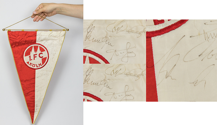 Köln,1.FC - Wimpel  | Originalspielwimpel "1.FC Köln" mit 15 original Signaturen der Spieler. Rot-weißer Seidenwimpel aufgesetztem zweifarbig bestickten Vereinslogo. Mit Randbordüre und Schlaufen aus Goldbrokat, Metallstange und Kette. 49x30 cm. Ca. 1978.