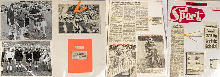 Zeitungs- und Bildarchiv 1976/77  | Privates Zeitungs- und Bildarchiv von Volker Roth 1976 / 1977: Ein Leitzordner mit 100 Zeitungsauschnitten von seinen Spielen in der Saison 1976 - 77 und ein Fotoalbum mit ca. 20 S/W-Pressefotos von Spielen die Volker Roth in dieser Saison als Schiedsrichter leitete, 23x8,5 bis 14,5x10 cm. Ein Foto mit original Signatur von Wolfgang Overath. --