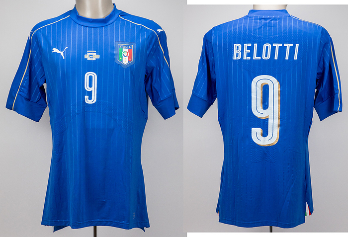 Italien - Trikot 2016  | Original match worn / issued Spielertrikot von Italien mit der Rückennummer 9. Getragen von Belotti am 15.11.2016 im Freundschaftsspiel in Mailand gegen Deutschland (0:0). Status:AAB.