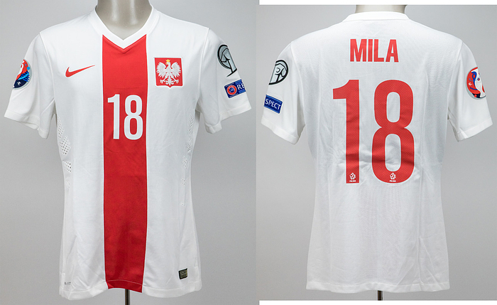  - Original match-worn/issued Poland player shirt with squad number 18. Worn by Mila (substituted on in the 77th minute) on October 11, 2014, in the UEFA Euro 2016 qualifier against Germany (0–2). Status: AAB. --Short-sleeved jersey; size M; sewn-on federation emblem; embroidered Nike lettering; player name and squad number (front and back) applied in rubberized print; laser-cut ventilation holes; Nike Dri-Fit (embroidered). ------The consignor obtained this jersey directly from a former DFB team staff member. Condition: A-