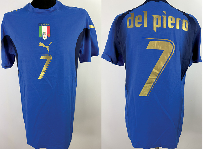  - Original match worn / issued Alessandro Del Piero shirt from the 2006 World Cup in Germany. The shirt was worn or prepared for a match during the 2006 World Cup, a tournament Italy ultimately won by defeating France in the final. Status:ABB Short-sleeved shirt; federation crest and Puma manufacturer logo applied as rubberized transfers; player number and name applied as rubberized transfers; 2006 World Cup patch applied via flocking; 100% polyester; made in Thailand. --From thze collection of a former German FA official. Condition: A