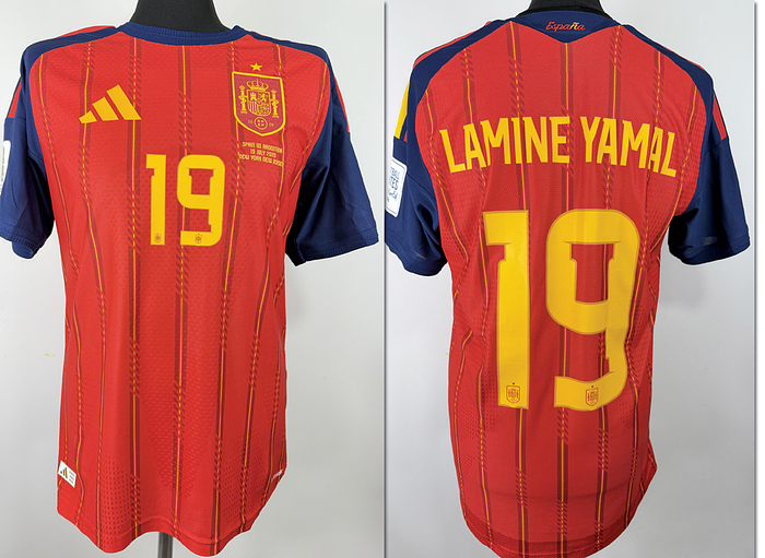  - Original match-issued Spain player shirt, number 19 (Lamine Yamal). Prepared for the 2026 World Cup final against Argentina on July 19, 2026, in New York/New Jersey. Spain won the final 1–0, securing their second World Cup title (following their 2010 victory). The shirt comes from the collection of a former DFB staff member. Status: AAB. Short-sleeved jersey; size L; Spain logo, Adidas manufacturer logo, player number, and player name applied (heat-pressed); match details applied; 2026 World Cup patch and FIFA patch applied; Adidas Climacool+; 100% polyester; made in Vietnam; a DFB staff member received this jersey from the Spanish kit man in the USA. Condition: A