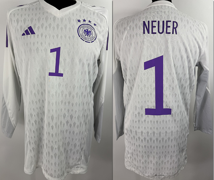match issued football shirt Germany 2022/2023 - Original match worn /issued DFB player shirt (Manuel Neuer, number 1). Getragen/ Prepared for an international match in 2022. The jersey comes from the collection of a former DFB staff member. Status: ABB Long-sleeved shirt; size XL; heat-applied DFB logo, Adidas manufacturer logo, player number, and player name; Adidas Aeroready; 100% polyester; made in Vietnam. Condition: A