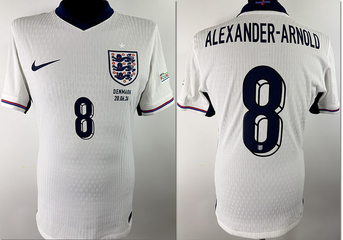  - Original match worn / issued England national team shirt, number 8 (Alexander-Arnold). Worn / Prepared for the Euro 2024 match against Denmark on June 20, 2024, in Frankfurt. Status AAB. Short-sleeved shirt; size M; federation crest and manufacturer logo applied; player name and number heat-pressed; Euro 2024 and Foundations patches applied (flocked); match fixture logo heat-pressed; 100% polyester; made in Thailand. Shirt comes from a Official of the German FA Condition: A