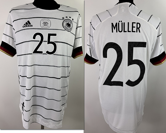  - Original match-issued DFB player shirt, number 25. Worn by Thomas Müller during the European Championship match against Portugal in Munich on June 19, 2021. The shirt comes from the collection of a former DFB staff member. Status:QAAB. Short-sleeved shirt; size 8; DFB logo and Adidas manufacturer logo applied as rubberized transfers; match details, player number, and player name applied as rubberized transfers; European Championship patch and "Respect" patch applied as flock transfers; Adidas HEAT.RDY; 100% polyester; made in Cambodia; condition A. Condition: A