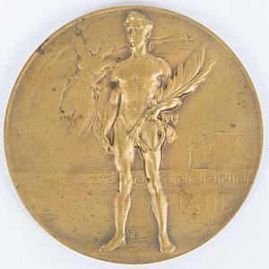 Siegermedaille 1920  | Bronzemedaille von den VII. Olympischen Spielen 1920 in Antwerpen für den 3. Platz.  Bronze, 6 cm (Entwurf von Josué Dupon) - Bild 2