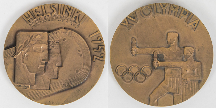 Teilnehmermedaille 1952  | Olympische Sommerspiele Helsinki. Bronze, 5,4 cm. Erhielten die Athleten und Offiziellen für ihre Teilnahme an den Olympischen Spielen 1952.